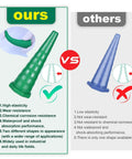 Comparison chart of green and blue rubber plugs, highlighting features for Hydraulic Oil Service Plugs Kit 25 Piece Universal Rubber Plugs.