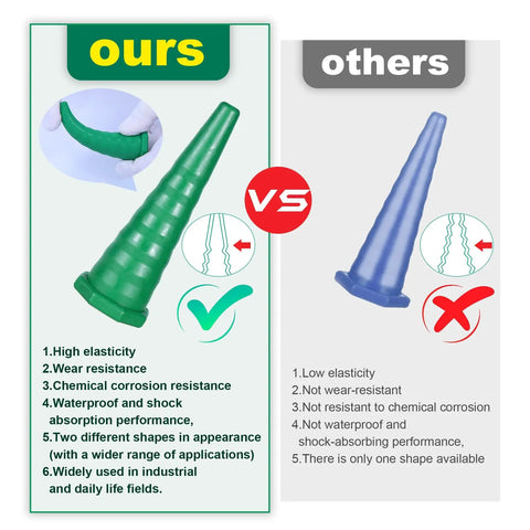 Comparison chart of green and blue rubber plugs, highlighting features for Hydraulic Oil Service Plugs Kit 25 Piece Universal Rubber Plugs.