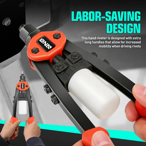 DNA Motors Heavy Duty Rivet Gun With Collection Bottle Tool Set features extra long handles for increased mobility and ease of use.