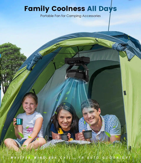 Portable tent with Rechargeable Camping Fan With 60 Hour Battery, 4 Speeds, 3 Light Modes, Timer And Sleep Mode, hanging inside.
