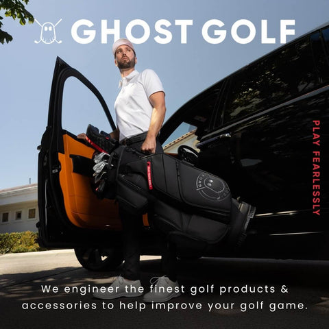 Man holding a black Ghost Golf bag standing next to an open car door, wearing a white shirt and black pants.
