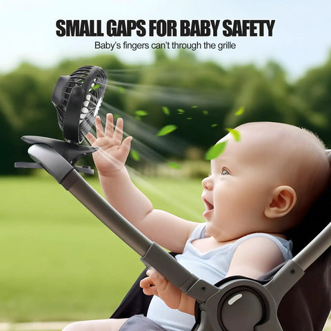 Rechargeable Portable Clip On Desk Fan For Beat The Heat On The Go With 3 Speeds And USB Power blowing air near a baby in a stroller