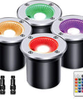 Four Pack 3W 12V RGB In Ground Landscape Lights With Remote Control IP67 Waterproof Pathway Lights For Garden Yard Trees Flags 300 Lumens Per Light And Memory Color Function, showcasing four colorful LED well lights with remote and connectors.