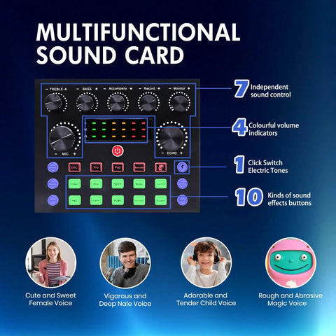 All In One Podcast Gear Bundle With BM 800 Microphone And V8s Sound Card image showing multifunctional sound card with sound controls