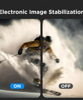 Comparison of a skier showing the image stabilization feature of Dope 4K Action Camera With Dual Screen And Stabilization Two 12MP Photos 30m Waterproof Underwater 170 Degree Ultra Wide WiFi Includes Accessory Kit For Outdoor Sports