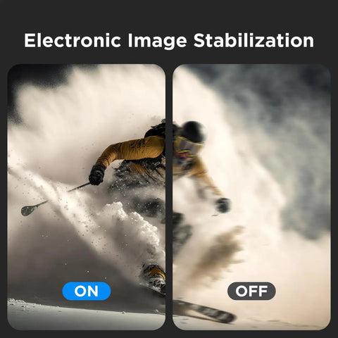 Comparison of a skier showing the image stabilization feature of Dope 4K Action Camera With Dual Screen And Stabilization Two 12MP Photos 30m Waterproof Underwater 170 Degree Ultra Wide WiFi Includes Accessory Kit For Outdoor Sports