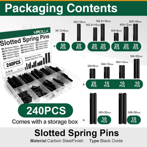 240 Piece Roll Pin Set With Metric Slotted Spring Pins In Sizes M1.5X6 Through M6X30, stored in labeled sections
