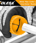 TOLESA pipe cutter tool with yellow adjustment knob; close-up of a gloved hand cutting a metal pipe