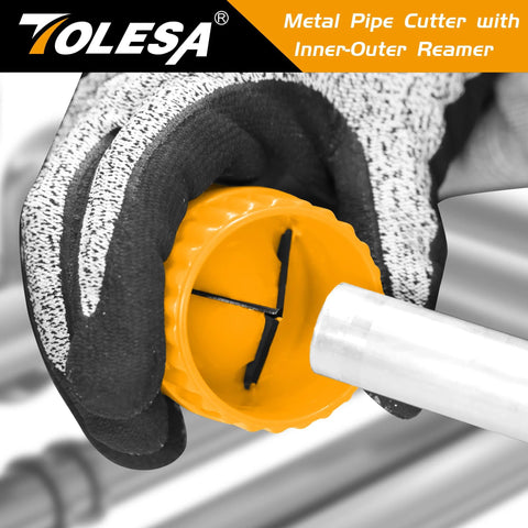TOLESA pipe cutter tool with yellow adjustment knob; close-up of a gloved hand cutting a metal pipe
