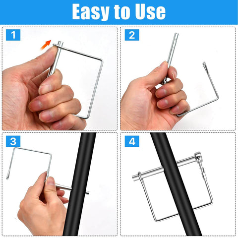 Step-by-step use guide for 40 Piece Square Coupler Pins Set One Quarter Inch Locking Shafts For Trailer Hitch And Equipment Zinc Coated Carbon Steel For Farm Lawn Garden And PTO Easy Install And Rock Solid Secure Connection in hand, showing installation on equipment.
