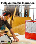 Man working in a woodshop with Portable Air Filtration System With Built In Ionizer For Woodworking Dust Control, Powerful 850 And 1050 CFM, 180 Degree Air Intake, Tabletop Dust Collector With Vortex Fan For Garage Shop And Home Use on tabletop.