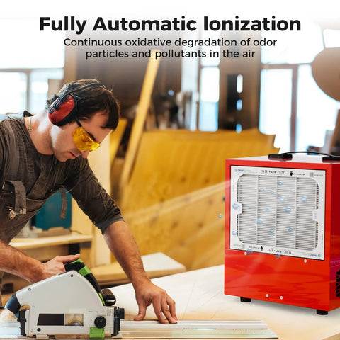 Man working in a woodshop with Portable Air Filtration System With Built In Ionizer For Woodworking Dust Control, Powerful 850 And 1050 CFM, 180 Degree Air Intake, Tabletop Dust Collector With Vortex Fan For Garage Shop And Home Use on tabletop.
