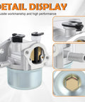 Carburetor For 6.75HP 190CC 675 Series Engine Compatible With Toro 22 Recycler Mower Craftsman TB230 Troy Bilt Lawn Mower Plus DIY Ready Easy Install Fitment; detailed views of a metallic carburetor with focus on workmanship.
