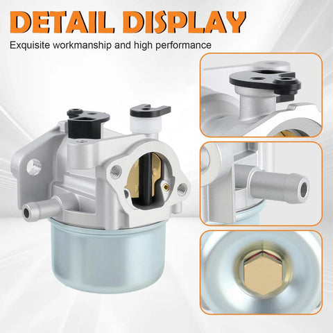 Carburetor For 6.75HP 190CC 675 Series Engine Compatible With Toro 22 Recycler Mower Craftsman TB230 Troy Bilt Lawn Mower Plus DIY Ready Easy Install Fitment; detailed views of a metallic carburetor with focus on workmanship.