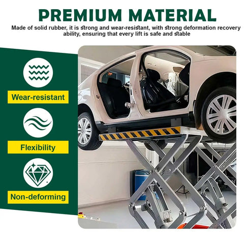 Set Of 4 Pinch Weld Blocks With Solid Rubber Lift Spacers under car on lift, showcasing wear-resistant and stable lifting