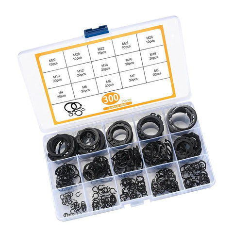 Top Tier 4Mm To 28 Retaining Rings Assortment With 300 Heavy Duty Steel Circlips displayed in organized storage case.