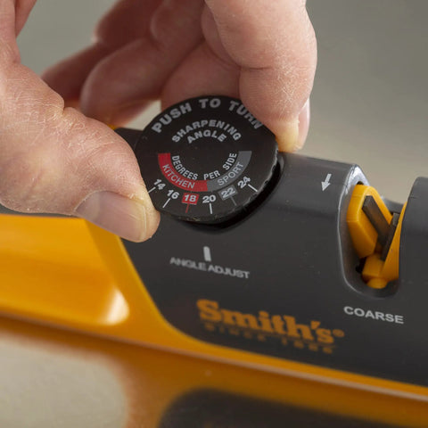 Adjustable Angle Knife Sharpener with 2-Stage Coarse and Fine Sharpening for Serrated and Straight Edge Blades in use.