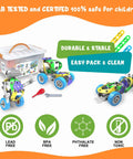 Hands On 107 Piece Motorized Erector Set For Kids Aged 4 To 8 STEM Building Toys With Electric Motor Movable Wheels Nuts Bolts Wrench And Screwdriver Includes Sturdy Storage Box And Seriously Fun Educational Gift, plastic storage box and assembled car models