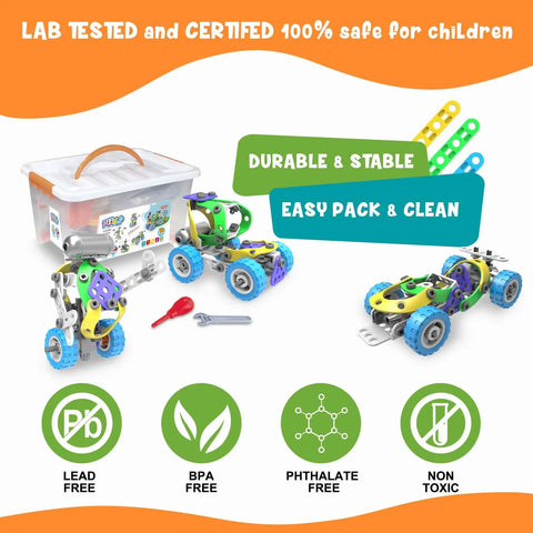 Hands On 107 Piece Motorized Erector Set For Kids Aged 4 To 8 STEM Building Toys With Electric Motor Movable Wheels Nuts Bolts Wrench And Screwdriver Includes Sturdy Storage Box And Seriously Fun Educational Gift, plastic storage box and assembled car models