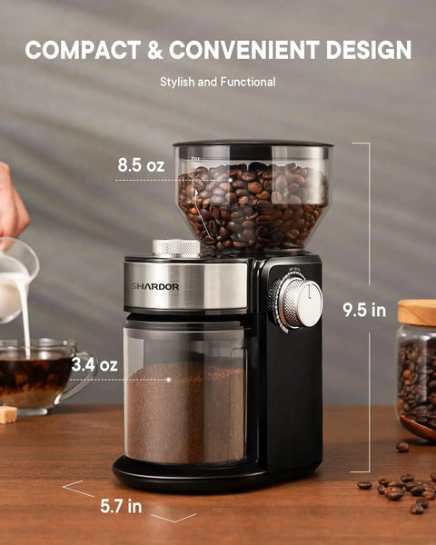 SHARDOR Electric Burr Coffee Grinder 2.0 Automatic Bean Mill For Home with 8.5 oz bean hopper and 3.4 oz ground coffee container.