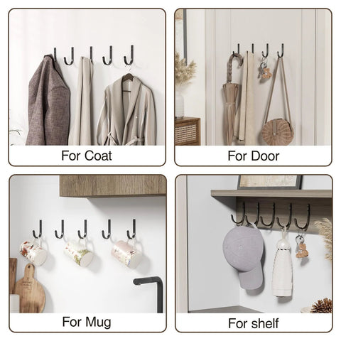 Wall Hooks 5 Pack 22 Lb Screw In Metal Hangers For Towel And Coat Storage Outdoor Closet Door Bathroom Black Premium Aluminum Alloy Rust Resistant Durable used for coats, doors, mugs, and shelves