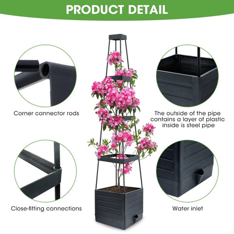 Diagram of Two Pack Raised Garden Bed Planter Box With Trellis For Climbing Vegetables And Tomatoes, highlights details like connectors and water inlet.