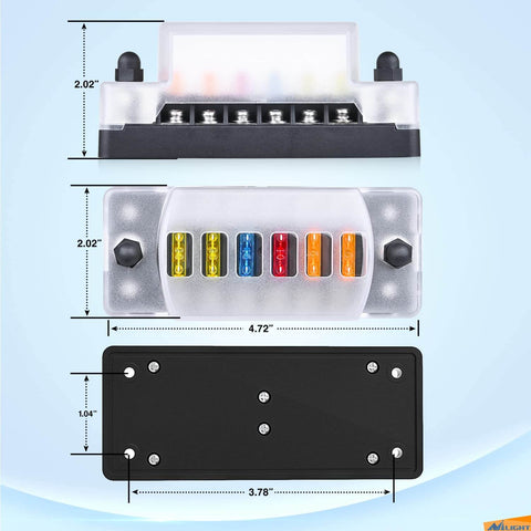 Top view of Six Way Fuse Block With Negative Bus And 12V Blade Fuse Holder For Auto Electrical Systems, dimensions shown.