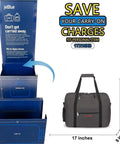 Under Seat Personal Item Duffel Bag 17 X 13 X 8 Inches With Free Pillow And USB Port Space Smart Grey Tote next to sizing guide