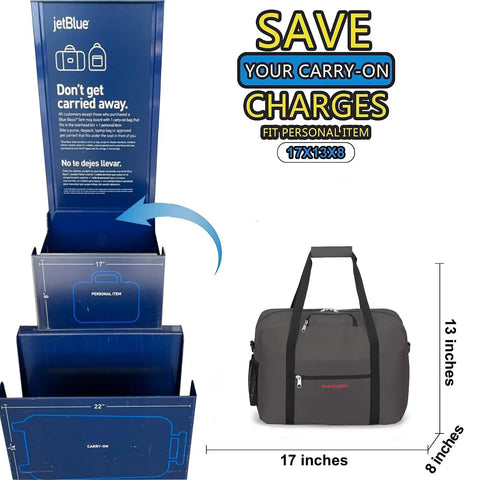 Under Seat Personal Item Duffel Bag 17 X 13 X 8 Inches With Free Pillow And USB Port Space Smart Grey Tote next to sizing guide