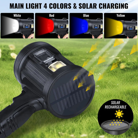 Rechargeable Spotlight 2 Million Lumens Handheld Searchlight With Solar Panels showing four light colors.
