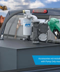 Heavy Duty 12 Volt Fuel Transfer Pump 25 Gpm mounted on truck tank with filter and nozzle, ready for gasoline or diesel.
