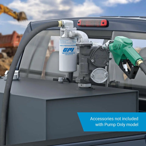 Heavy Duty 12 Volt Fuel Transfer Pump 25 Gpm mounted on truck tank with filter and nozzle, ready for gasoline or diesel.