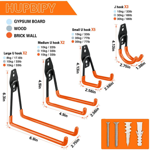 Heavy Duty Steel Garage Hooks With Anti Slip Coating, Wall Mount Storage Organizer size chart and installation details