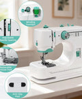 Mini Electric Sewing Machine With Extension Table And 56 Accessory Pieces, 12 Built In Stitches For Beginners, detailed view showing adjustable needle spacing and winding function.