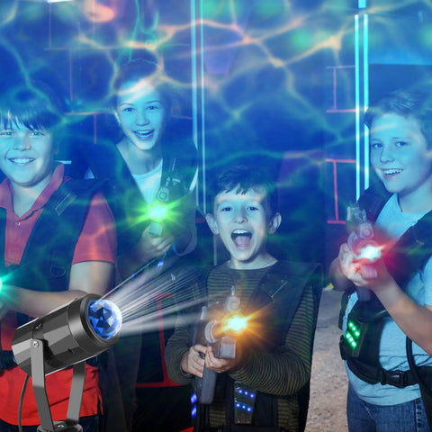 Kids playing under 6 Piece Water Effect Projector Lights Set With Ocean Wave LED Night Light Rotating 360 Degree Ceiling Wall Projection