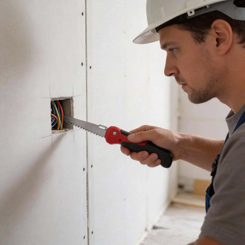 Person using Five In One Folding Hand Saw For Drywall And More With Quick Change Blades Great For Sheetrock Plywood PVC And Metal Cutting