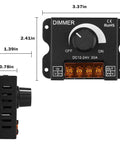 LED Light Strip Dimmer Controller With Aluminum Housing 12V To 24V DC 30A PWM Brightness Rotating Knob On Off Switch, front and side view