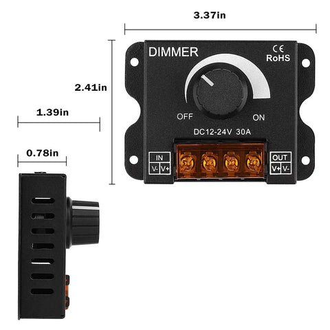 LED Light Strip Dimmer Controller With Aluminum Housing 12V To 24V DC 30A PWM Brightness Rotating Knob On Off Switch, front and side view