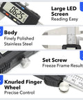 6 Inch Digital Caliper Workhorse With Auto Off And Big LCD Screen Stainless Steel Electronic Vernier Caliper with features highlighted