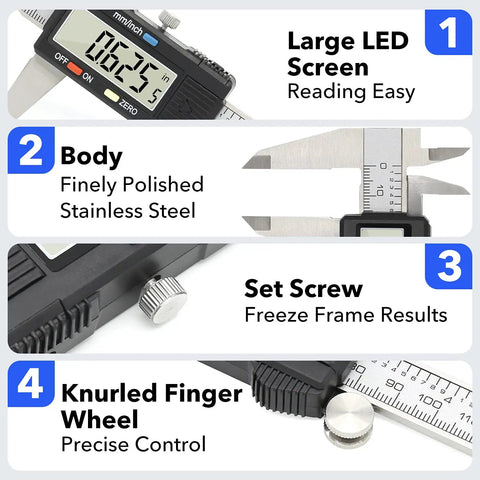 6 Inch Digital Caliper Workhorse With Auto Off And Big LCD Screen Stainless Steel Electronic Vernier Caliper with features highlighted