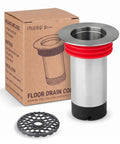 Heavy Duty 2 Inch Shower Floor Drain Stopper With Magnetic Backflow Preventer And Flexible Silicone Seals To Kick Those Funky Sewer Smells To The Curb And Keep Your Basement Floor Dry next to packaging and filter mesh.