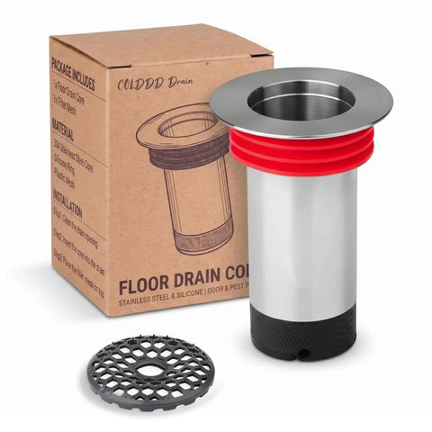 Heavy Duty 2 Inch Shower Floor Drain Stopper With Magnetic Backflow Preventer And Flexible Silicone Seals To Kick Those Funky Sewer Smells To The Curb And Keep Your Basement Floor Dry next to packaging and filter mesh.