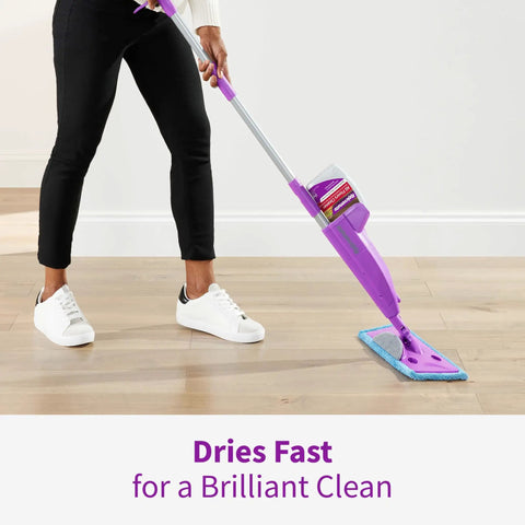 Person using a mop with All Floors Cleaner Refill Safe For Sealed Hardwood Tile Vinyl Laminate And More Breaks Down Dirt And Grime With Fresh Citrus Scent 1 Gallon Refill For Your 32 Ounce Floor Cleaner Bottle on hardwood floor, dries fast.