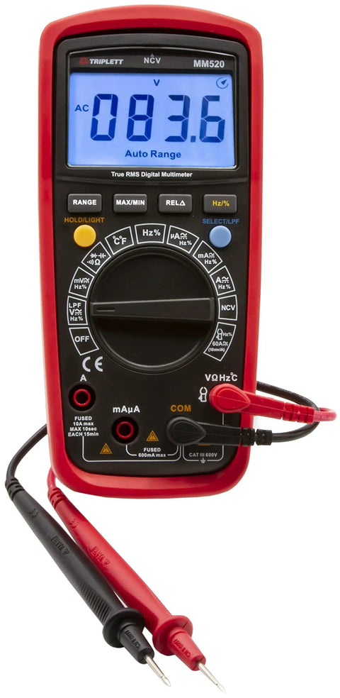 True RMS 6000 Count Digital Multimeter With Low Pass Filter And NCV Detector, showing display and test leads