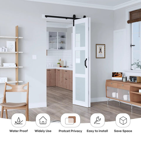 42 By 84 Inch Bifold Barn Door With Hardware Kit Solid MDF Slab Covered With Waterproof PVC Surface Frosted Glass Panel Space Saving Sliding Door For Bathrooms Bedrooms Laundry Rooms And Kitchens Assembly Required installed in room