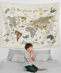 Boho Kids World Map Tapestry Wall Hanging For Classroom And Nursery Educational Geography Decor with Animal Continents, 50x60 in, on wall.
