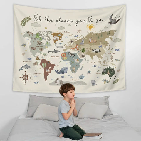 Boho Kids World Map Tapestry Wall Hanging For Classroom And Nursery Educational Geography Decor with Animal Continents, 50x60 in, on wall.
