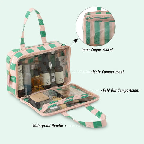 Must Have Waterproof Clear Coated Striped Makeup Bag Portable Cosmetic Organizer With Compartments For Travel in pink green