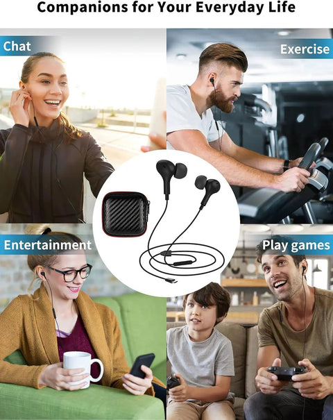 Four images of people using USB C Earbuds With Microphone For S26 S25 S24 A16 A17 And Pixel And iPhone Magnetic In Ear Type C Earphone