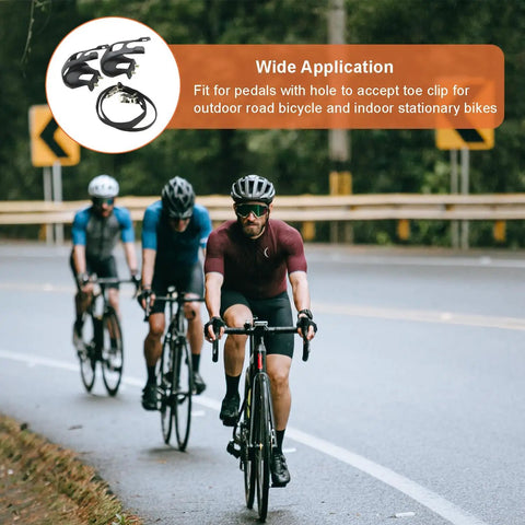 Cyclists using Toe Clip Pedal Cage System For Indoor And Outdoor Bikes, Universal Replacement Clips With Straps on a road.